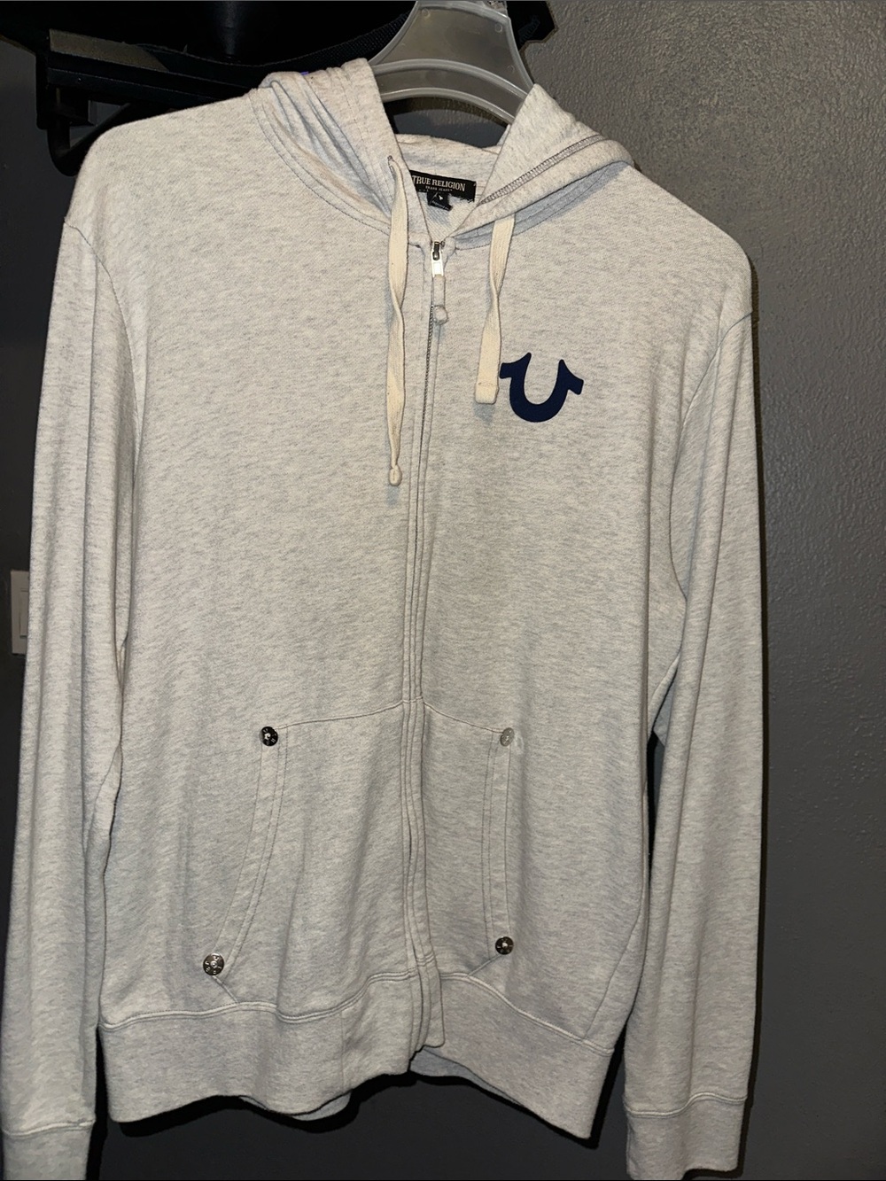 True Religion Heather Gray Zip Hoodie with Navy Horseshoe